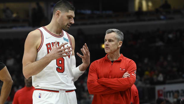 Jan 30, 2022; Chicago, Illinois, USA; Chicago Bulls center Nikola Vucevic (9) talks with Chicago Bulls head coach Billy Donovan during the first half at the United Center. Mandatory Credit: Matt Marton-USA TODAY Sports